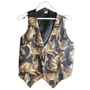 Vintage 90s Cat Tapestry Vest Womens M On Tour Kitten Novelty Button Front Retro